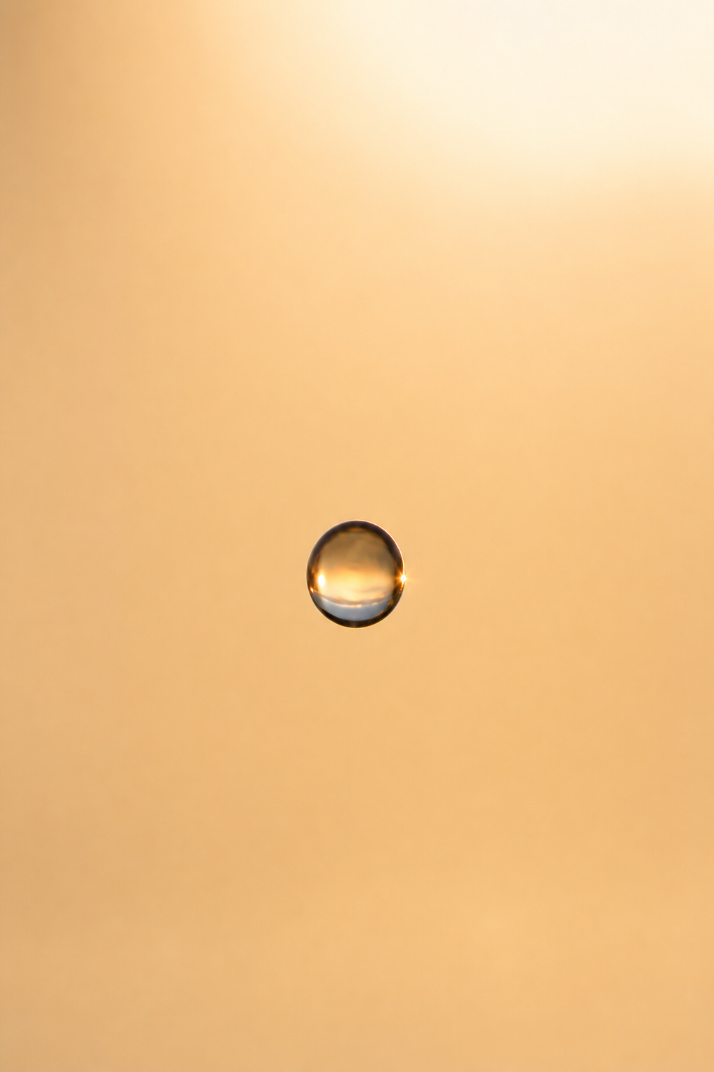 A single water drop suspended in warm light